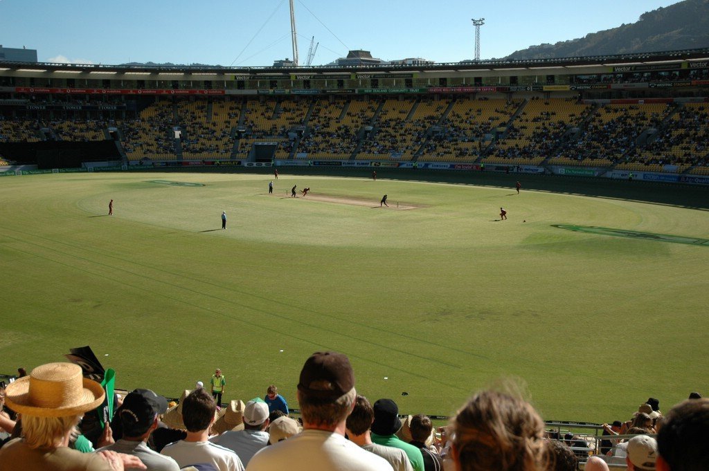 Cricket being played at Wellington Regional Stadium